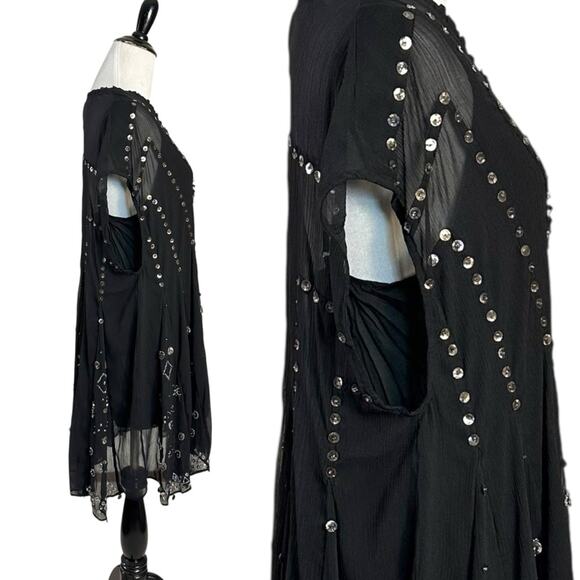 Free People Bohemian Gypsy Witchy Beaded Aston Dress Black Small Sheer Bells - Picture 8 of 14